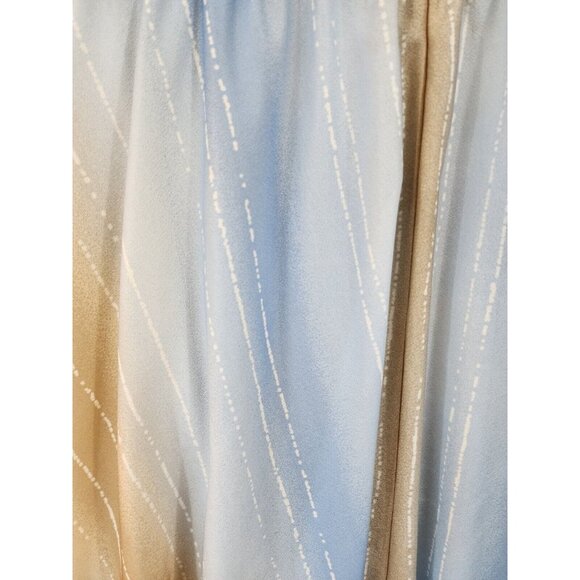 Vintage 80s Size 10 Watercolor Blue Tan Striped V-Neck Short Sleeve Midi Dress - Picture 3 of 6